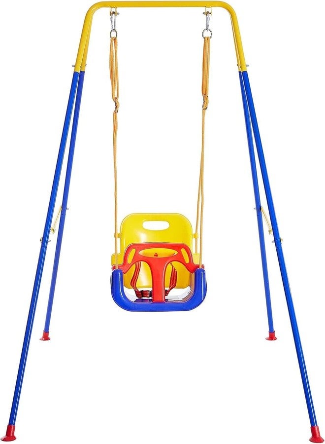 MAPPLE CREATION Toddler Swing Set with Frame Indoor & Outdoor Baby Swing with Foldable Metal Stand Kids Swing Set for Backyard, Easy to Assemble & Store, Blue - Image 1